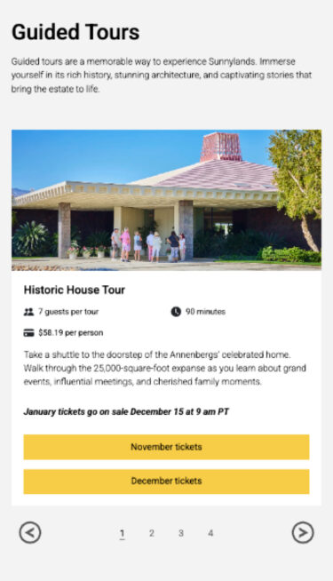 Mobile view from Sunnylands website of tour dates and times