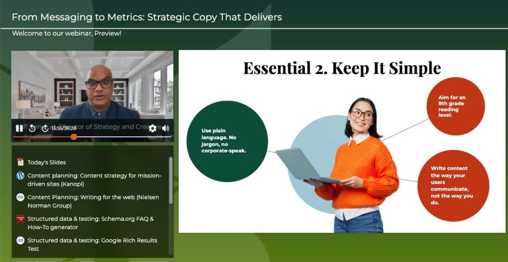 Interface of Kanopi's ON24 webinar platform with Cliff Persaud giving a presentation with his slide deck.