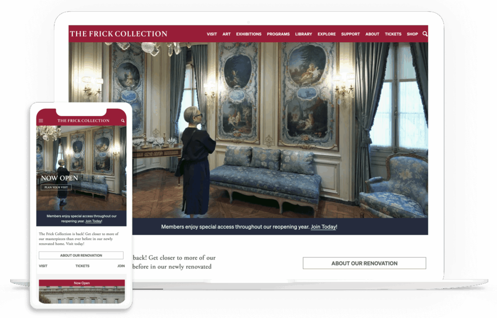 The Frick Collection website homepage on a mobile device and a desktop screen