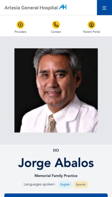 The mobile page for a physician on the Artesia General website