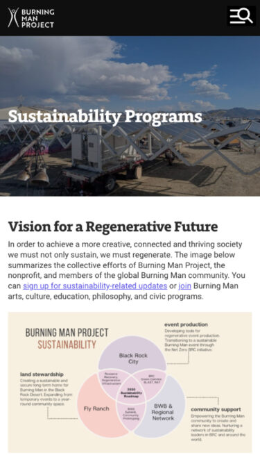 Mobile view of Burning Man's sustainability page