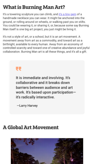 Mobile view of Burning Man's About Us page