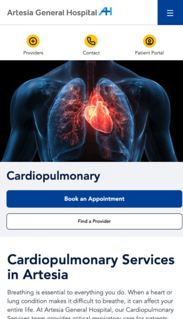 The mobile page for cardiopulmonary on the Artesia General website
