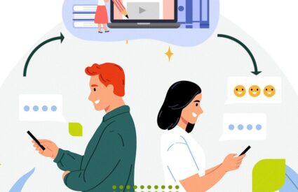 An AI-generated image of two people looking at their cell phones while absorbing the copy from a website.