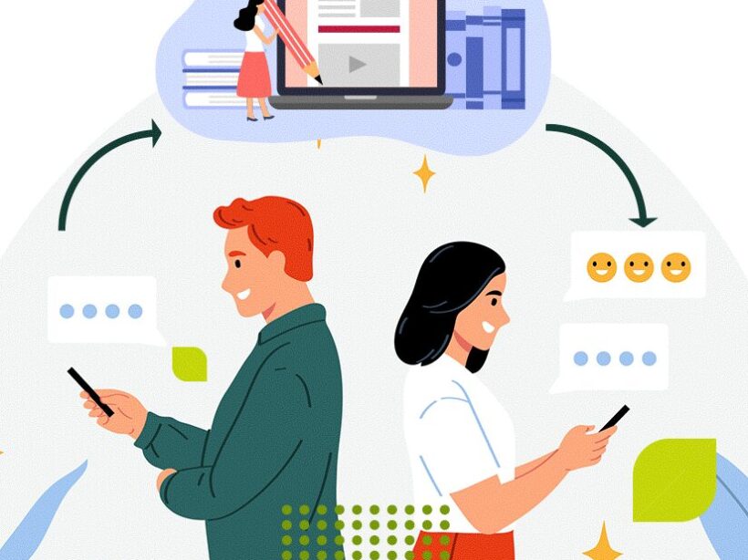 An AI-generated image of two people looking at their cell phones while absorbing the copy from a website.