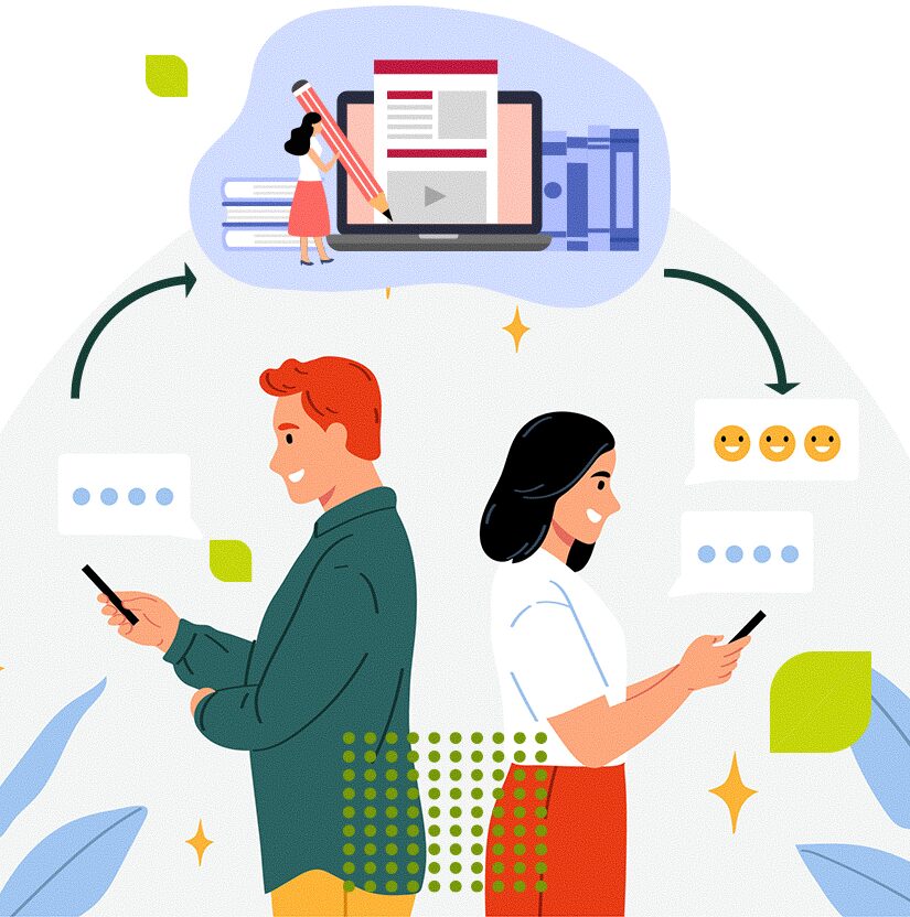 An AI-generated image of two people looking at their cell phones while absorbing the copy from a website.
