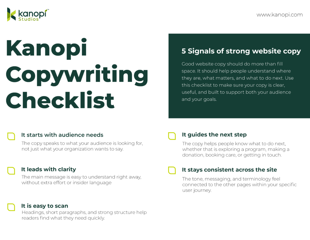 A checklist for copywriting which includes starting with audience needs, leading with clarity, making copy easy to scan, have it guide the next step, and staying consistent across the site. 