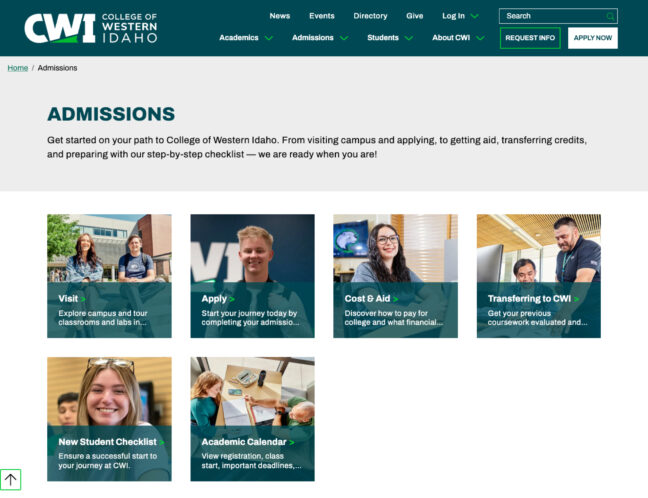 College of Western Idaho Admissions page