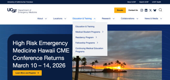 The navigation for UCSF Department of Emergency Medicine