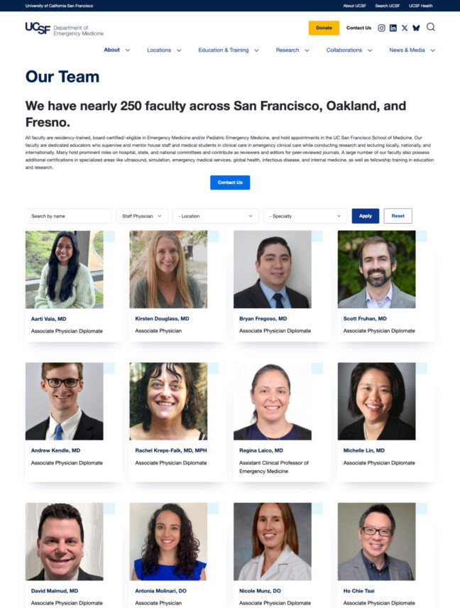 The team page for UCSF's Department of Emergency Medicine