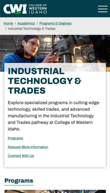 College of Western Idaho industrial technology and trades page on mobile