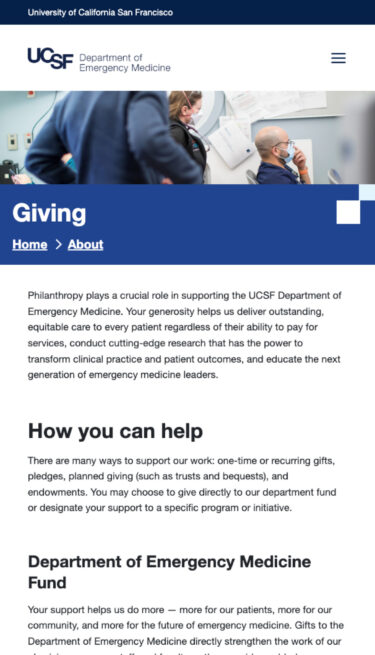 UCSF Emergency Medicine mobile page for Giving
