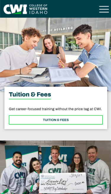College of Western Idaho tuition page on mobile