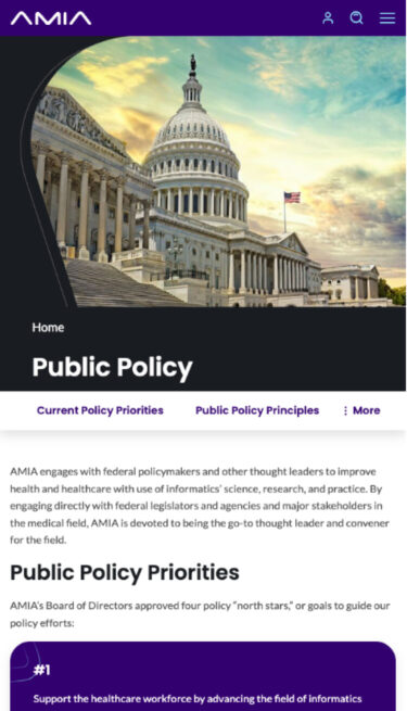 AMIA mobile view of Public Policy page