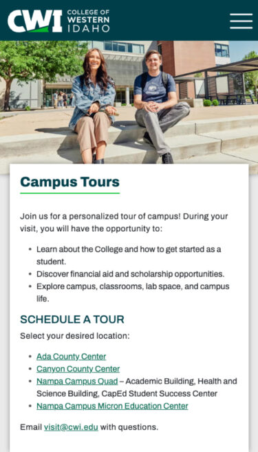 College of Western Idaho campus tours on mobile