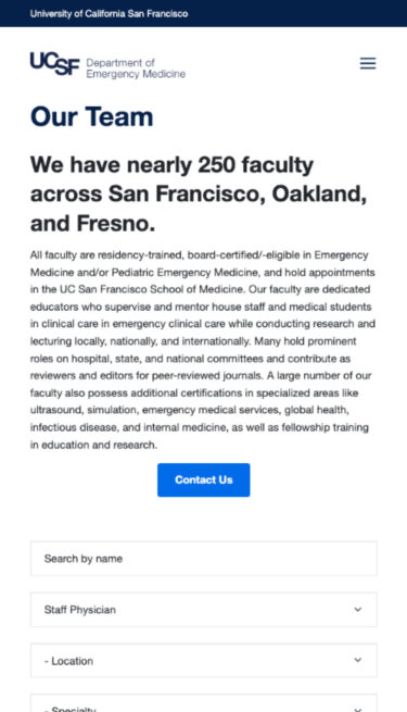 UCSF Emergency Medicine mobile page for the team