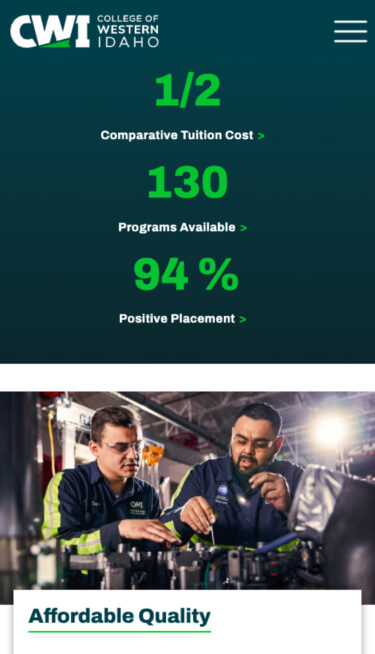 College of Western Idaho home page on mobile