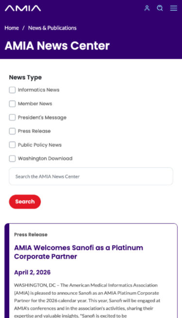 AMIA mobile view of news filters