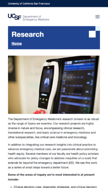 UCSF Emergency Medicine mobile page on research