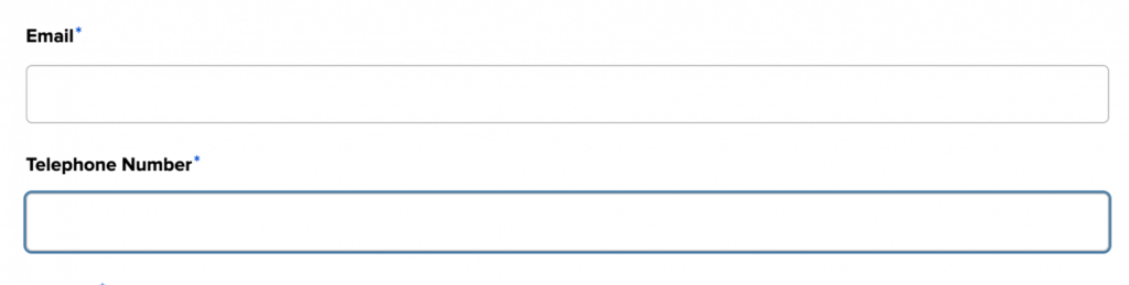 Screengrab of a form showing the email and phone number fields. The box for the phone number field is highlighted.