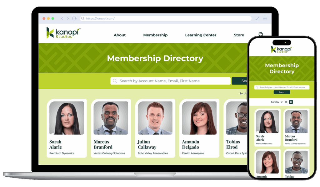 Example of a responsive website design for a membership directory, with a horizontal layout for laptops and a vertical layout for mobile devices