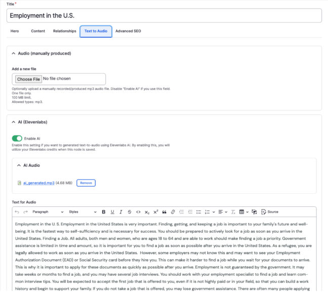 Backend of the SettleIn US website showing where to manually enter audio files