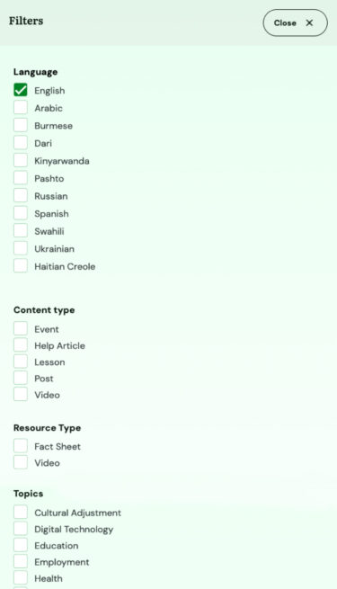 Mobile view of SettleIn language filters