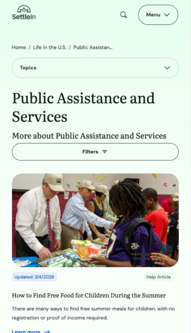Mobile view of SettleIn public assistance page