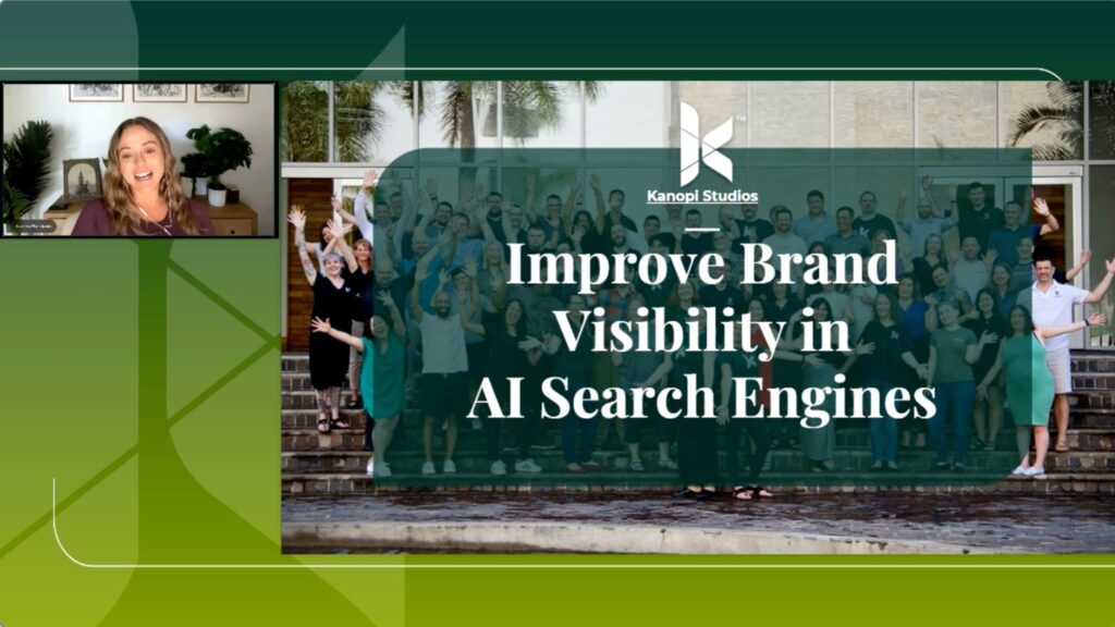 Lauren Chervinski smiling in an online presentation. Her video is next to her cover slide that reads: "Improve Brand Visibility in AI Search Engines"