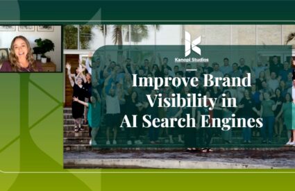 Lauren Chervinski smiling in an online presentation. Her video is next to her cover slide that reads: "Improve Brand Visibility in AI Search Engines"