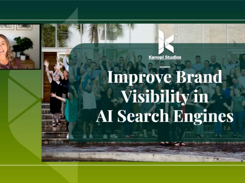 Lauren Chervinski smiling in an online presentation. Her video is next to her cover slide that reads: "Improve Brand Visibility in AI Search Engines"