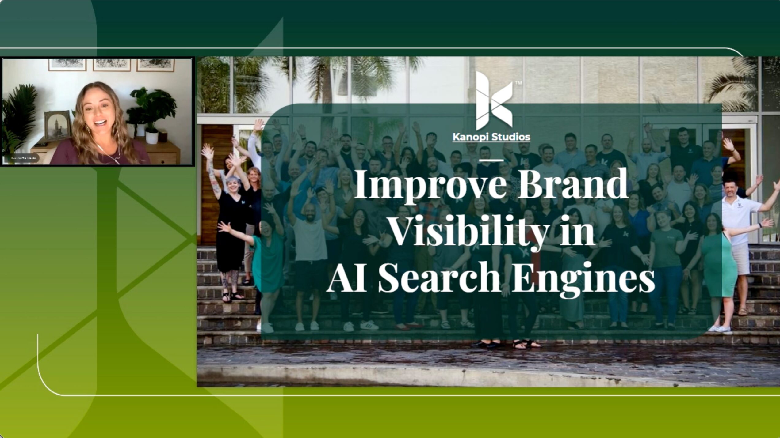 Lauren Chervinski smiling in an online presentation. Her video is next to her cover slide that reads: "Improve Brand Visibility in AI Search Engines"