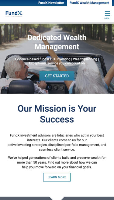 FundX mobile view of the home page