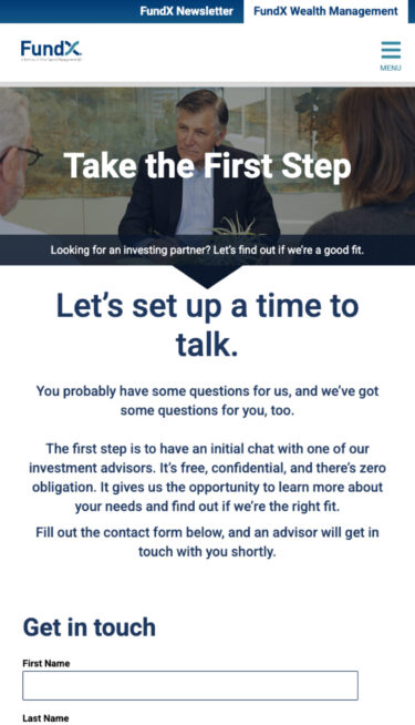 FundX mobile view of the contact form