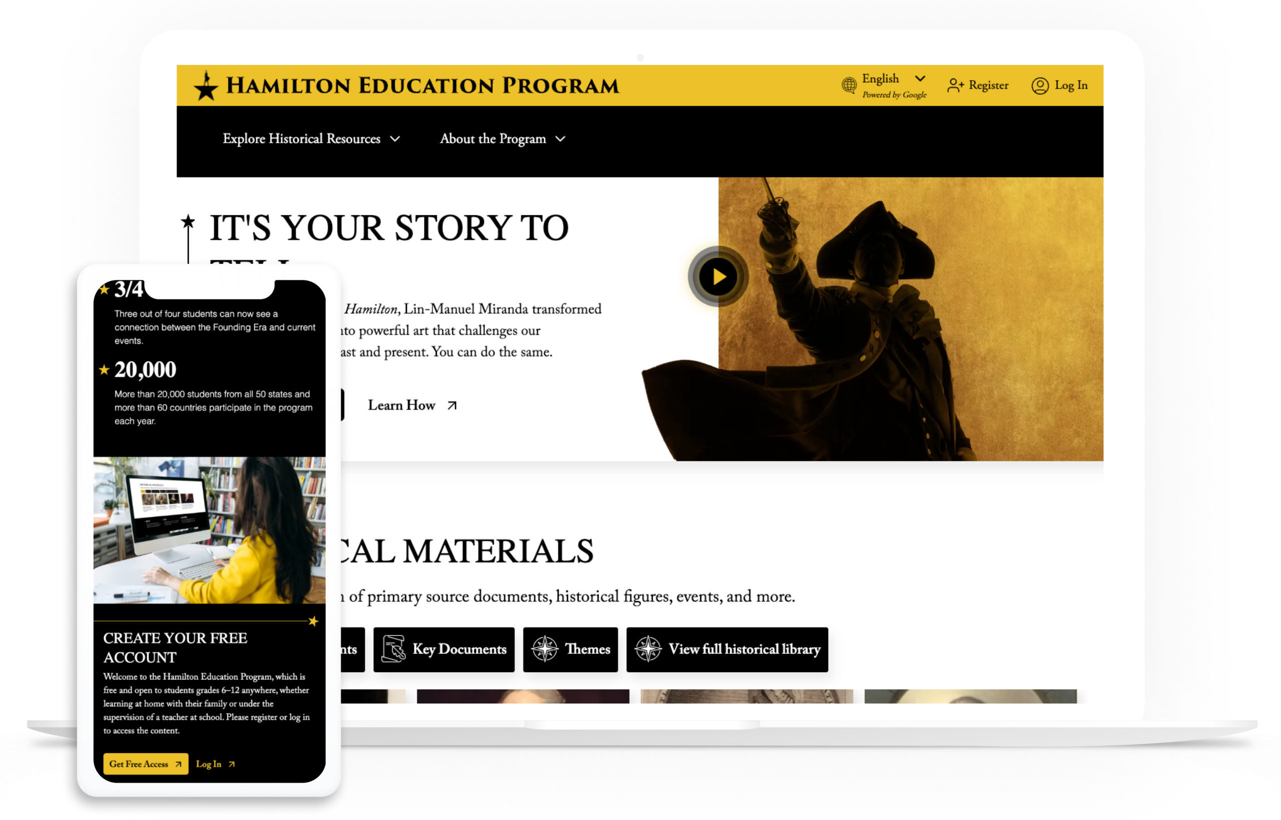Gilder Lehrman Hamilton Education Program website shown on desktop and mobile screens