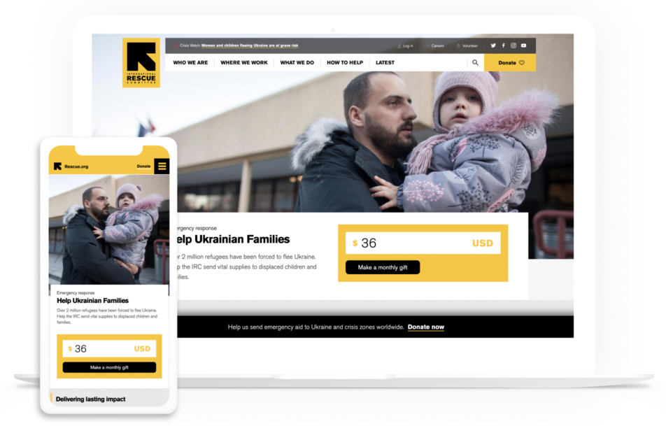 International Rescue Committee website shown on desktop and mobile screens