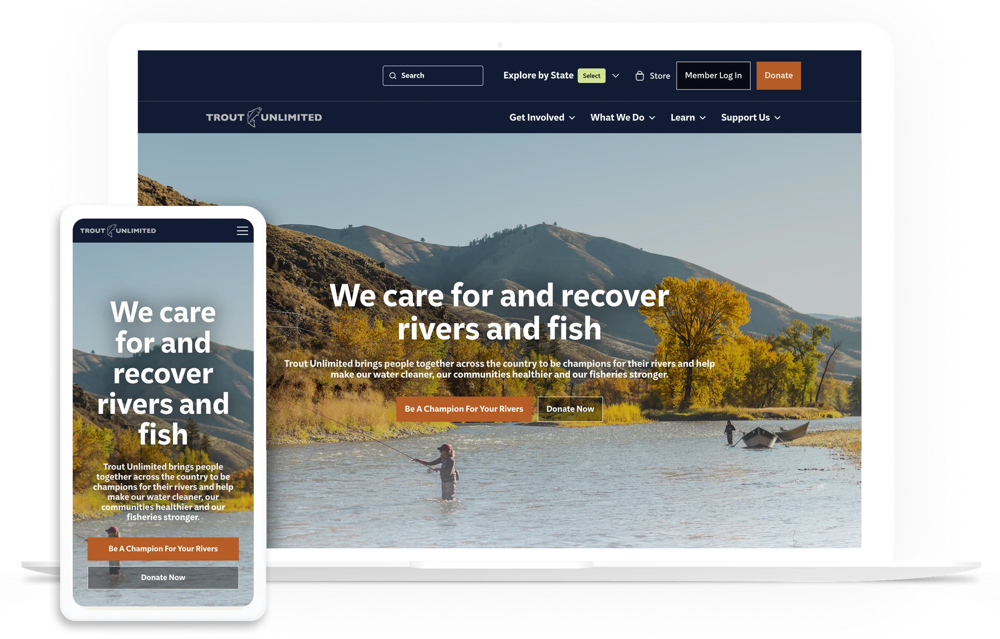 Trout Unlimited website shown on a laptop and a phone
